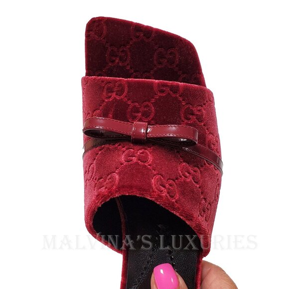 GUCCI SHOES GG LOGO BURGUNDY VELVET w BOW DETAIL SLIDES sz 38 8 US - Picture 12 of 15